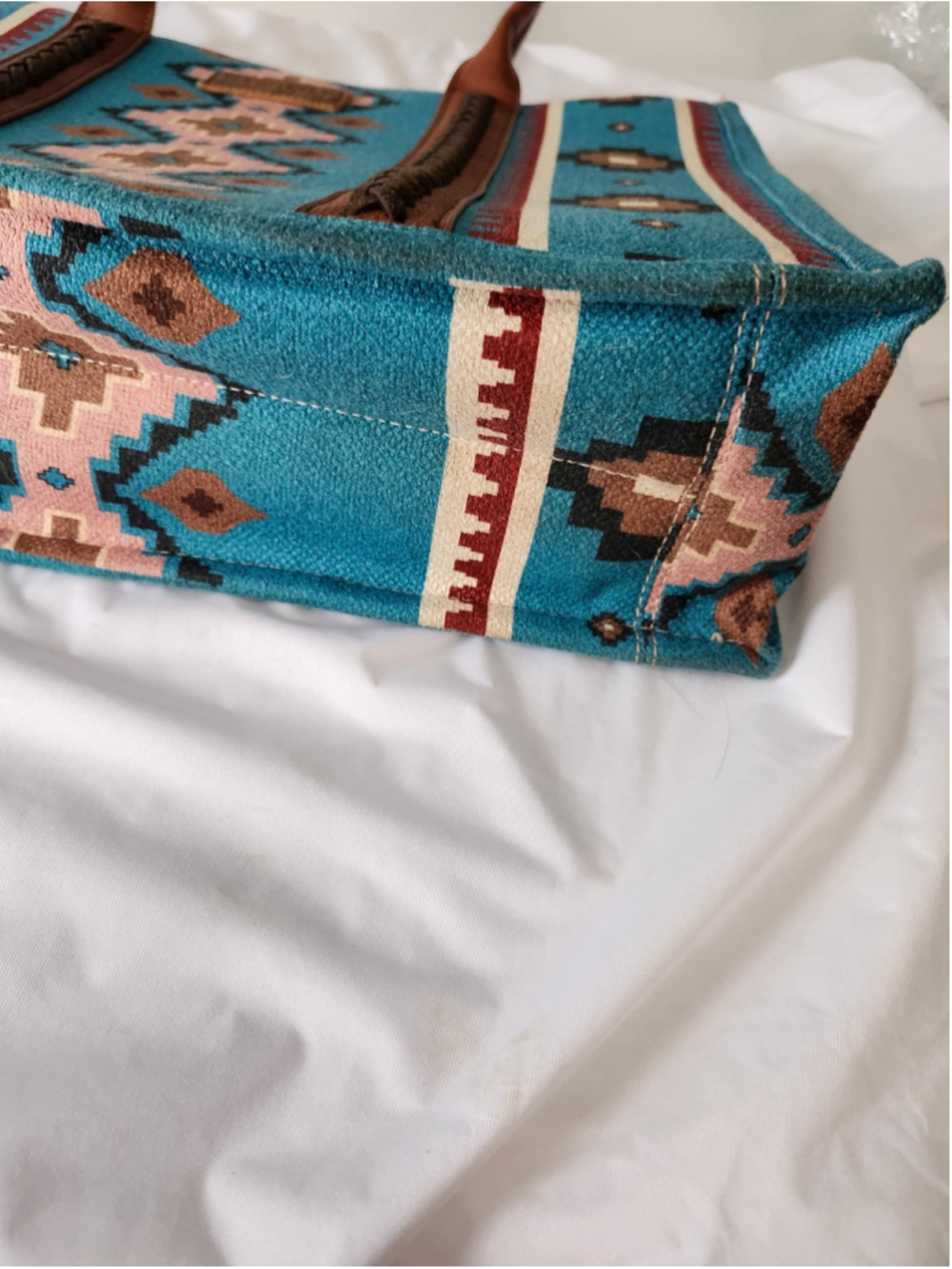 Women's Wrangler Tote Bag One Size Blue Brown Southwestern Pattern - Picture 11 of 15